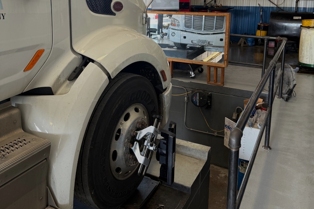 Heavy-Duty Wheel Alignment System in Marion, IL At Hale's Automotive. Close-up view of heavy-duty truck wheel alignment at an auto repair shop
