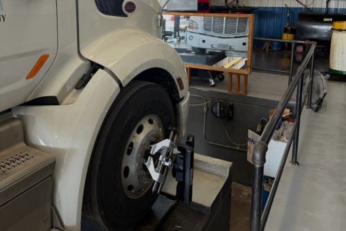 Heavy-Duty Wheel Alignment System in Marion, IL At Hale's Automotive. Close-up view of heavy-duty truck wheel alignment at an auto repair shop